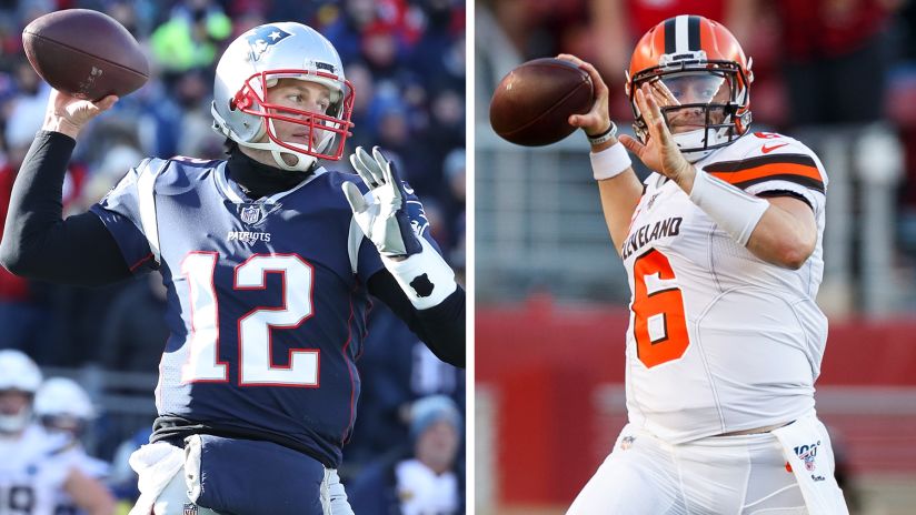 New England Patriots QB Tom Brady and Cleveland Browns QB Baker Mayfield (AP Photo).